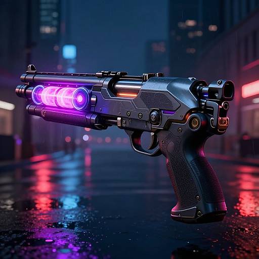 Photorealistic CGI of a futuristic black handgun with glowing purple laser barrels, set on a wet, neon-lit urban street at night.