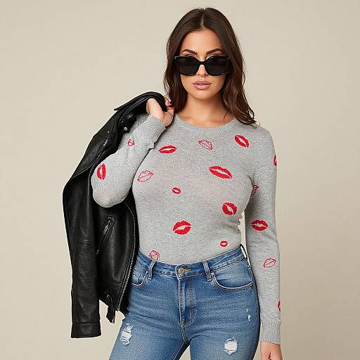 Photograph of a brunette woman with sunglasses, gray kiss-print sweater, and blue distressed jeans, holding a black leather jacket.