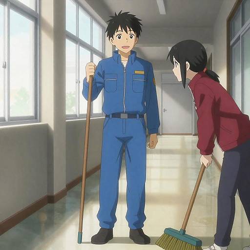 Anime Hallway Scene with Broom Characters