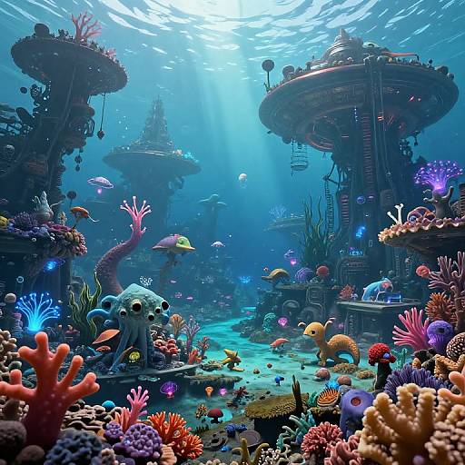 Vibrant underwater cityscape in CGI, featuring futuristic floating structures surrounded by colorful coral reefs, diverse marine life, and sunlight filtering through the blue ocean