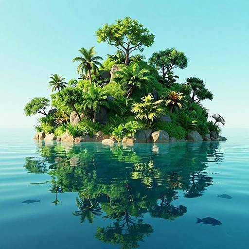 Digital illustration of a small, lush tropical island with palm trees, ferns, and rocks, reflected in calm, blue water under a clear sky.