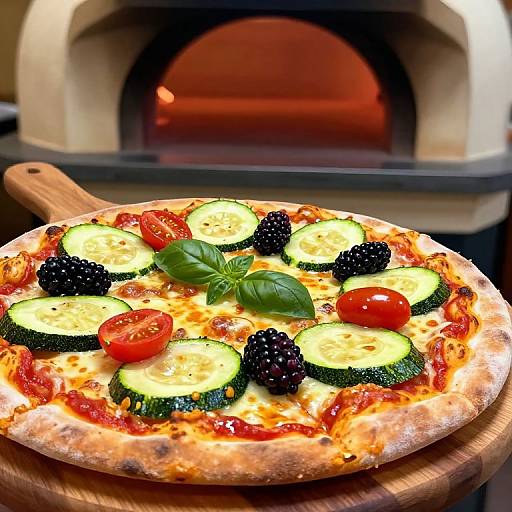 Photograph of a freshly baked pizza topped with zucchini slices, blackberries, cherry tomatoes, basil, and melted cheese in a wood-fired oven.