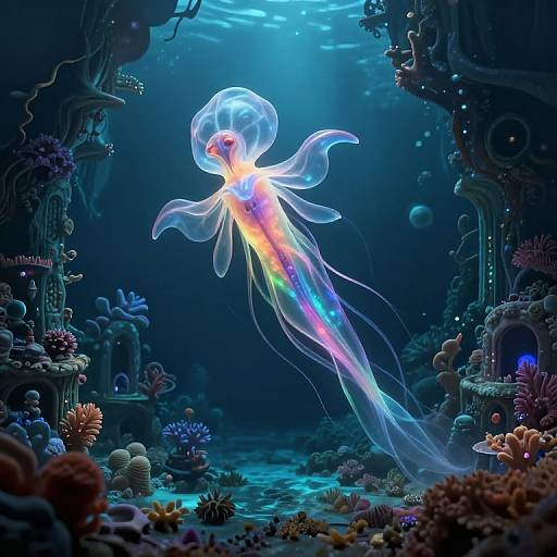 Digital art of a glowing, rainbow-tentacled jellyfish illuminated underwater, surrounded by colorful coral and ancient, ruined structures in a deep blue ocean