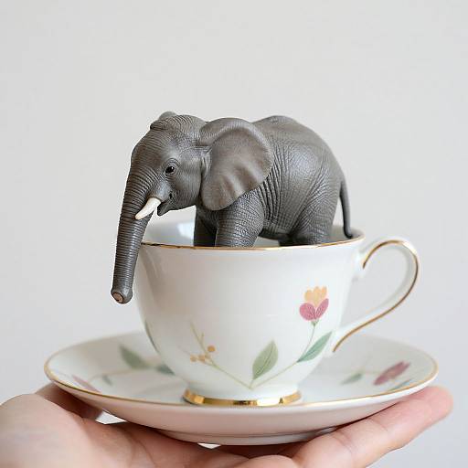 Photograph of a small gray elephant figurine standing inside a white floral tea cup, held by a hand against a white background.