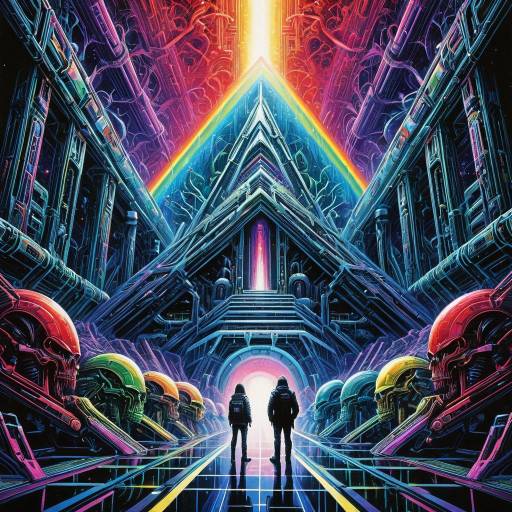 Futuristic Neon Cyber Temple with Two Explorers