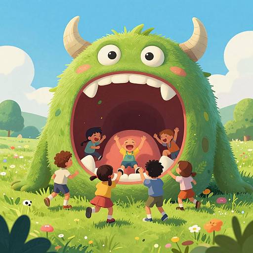 Cartoon-style digital illustration of six children standing inside a giant, green, horned monster's mouth in a vibrant, sunny meadow.