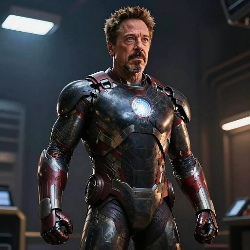 Photograph of a muscular, bearded man in shiny black and red Iron Man armor with glowing chest emblem, standing in dimly lit industrial room.