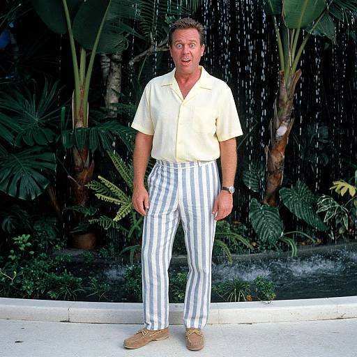 Photograph of a middle-aged man with short brown hair, wearing a yellow shirt, white and blue striped pants, and tan shoes, standing under a