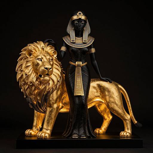 Egyptian Woman Statue with Golden Lion