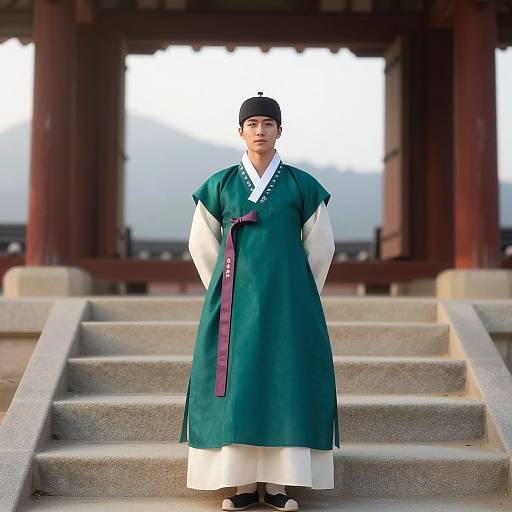 Photograph of a young Asian woman in traditional Korean hanbok, green dress with white underlayer, black cap, standing on stone steps in front