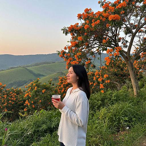 Photograph of a smiling Asian woman with long black hair, wearing a white blouse, holding a red cup, standing among vibrant orange flowers, overlooking a