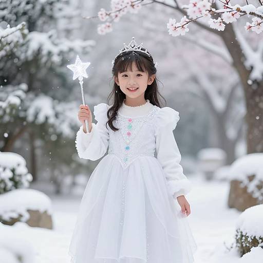 Photograph of an Asian girl in a white princess dress and tiara, holding a star wand, standing in a snowy, cherry blossom-filled garden.