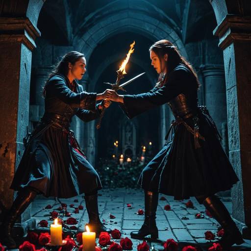 Female Necromancers Fighting Inside Candlelit Crypt