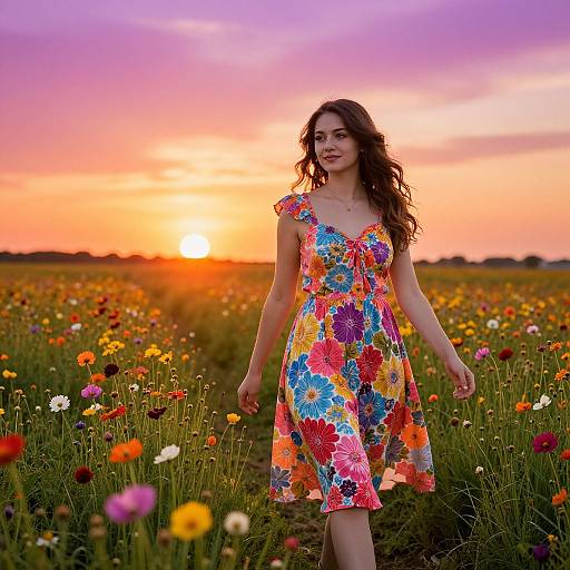 Young Woman in Floral Dress at Sunset