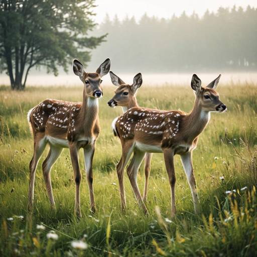 Three Deer Fawns in Misty Meadow Three Deer Fawns in Misty Meadow