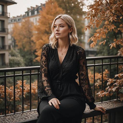 Blonde Woman in Black Lace Outfit on Autumn Balcony