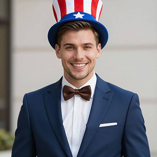 Photograph of a smiling young man with light skin, brown hair, and brown eyes, wearing a navy suit, white shirt, brown bow tie,