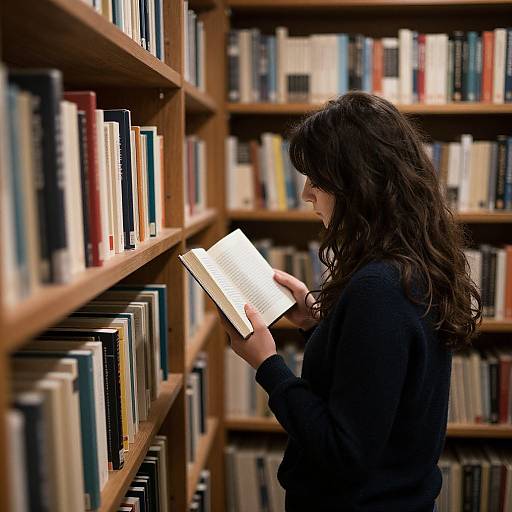 Photograph of a woman with long, wavy brown hair, wearing a black sweater, reading a book in a library with wooden bookshelves filled