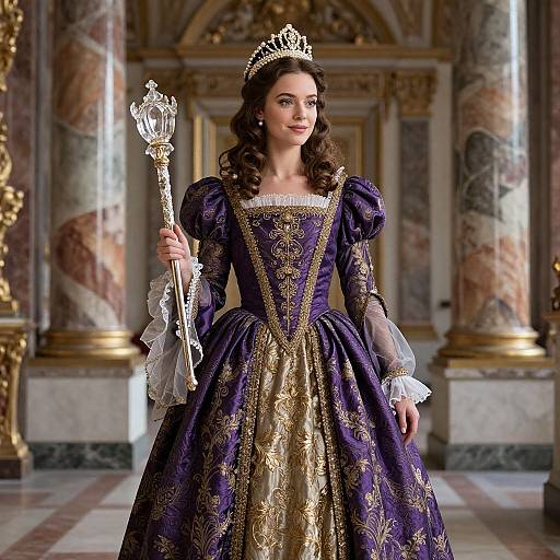 Photograph of a young woman in a regal, purple and gold Renaissance-style dress with lace, holding a decorative scepter, wearing a silver ti