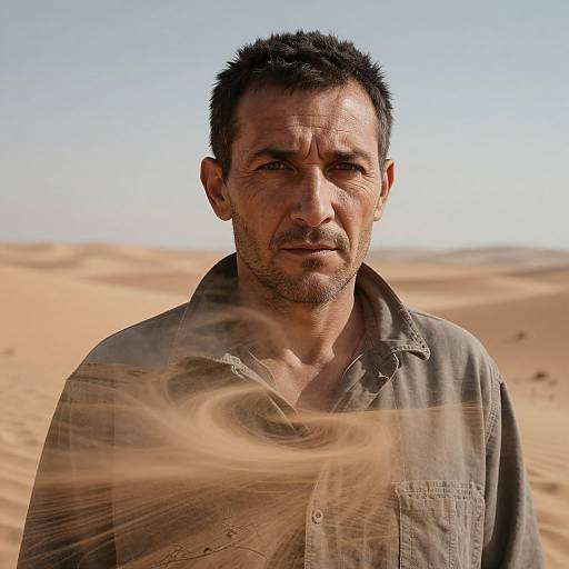 Photograph of a rugged, middle-aged man with short, dark hair and stubble, wearing a dusty, buttoned shirt, standing in a winds