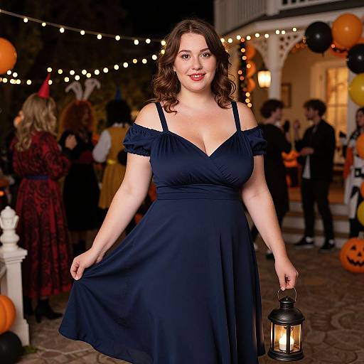 Photograph of a curvy, fair-skinned woman with wavy brown hair, wearing a navy off-shoulder dress, holding a lantern,