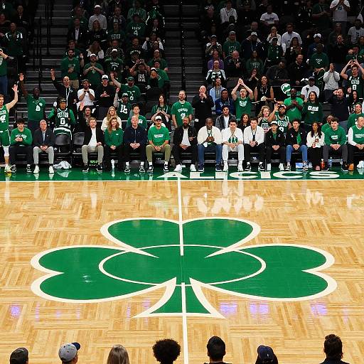 Photograph of a packed basketball arena with fans in green and black shirts, seated behind the court featuring a large green shamrock logo on the wooden floor
