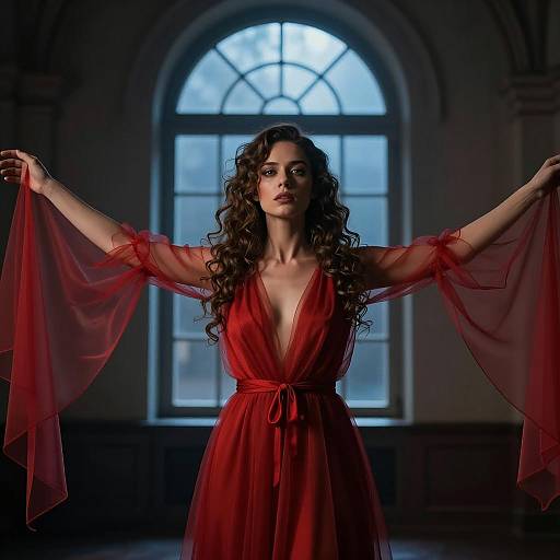 Woman in Red Sheer Dress with Outstretched Arms