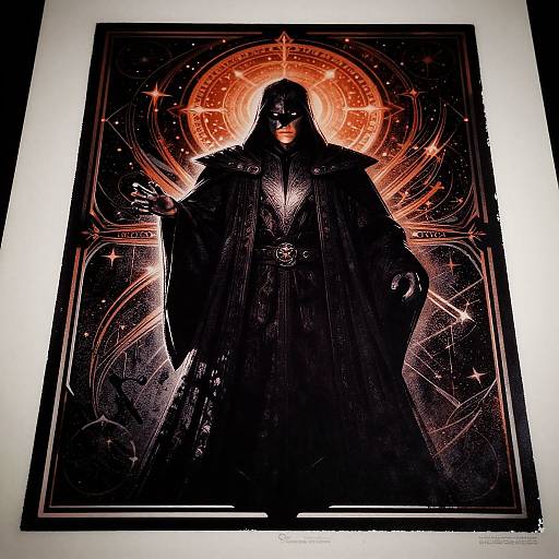Photograph of a dark, detailed, sci-fi styled poster featuring a shadowy figure in a black hooded robe with a glowing red halo and intricate