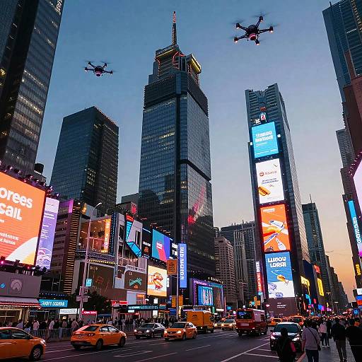 Photograph of a bustling New York City street at dusk, featuring bright neon billboards, flying drones, yellow taxis, and tall skyscrapers.