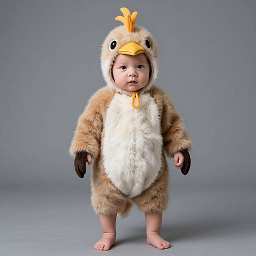 Photograph of a baby wearing a fluffy penguin costume with a yellow beak and white chest, standing barefoot on a gray background.