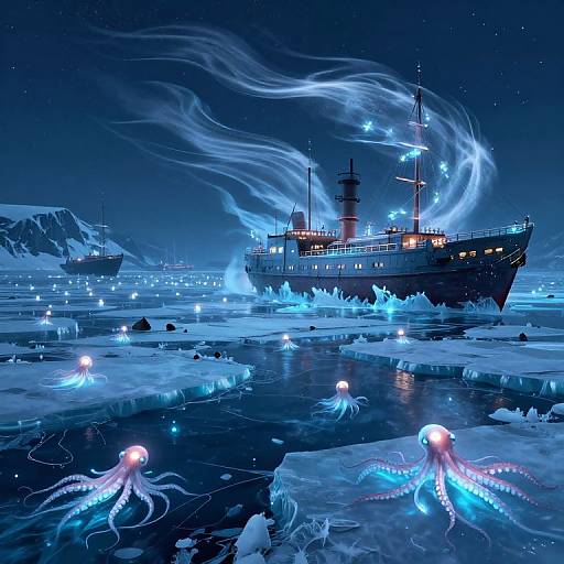 Digital artwork of a glowing blue ship surrounded by luminescent octopuses and ethereal waves in a starry, icy ocean night.