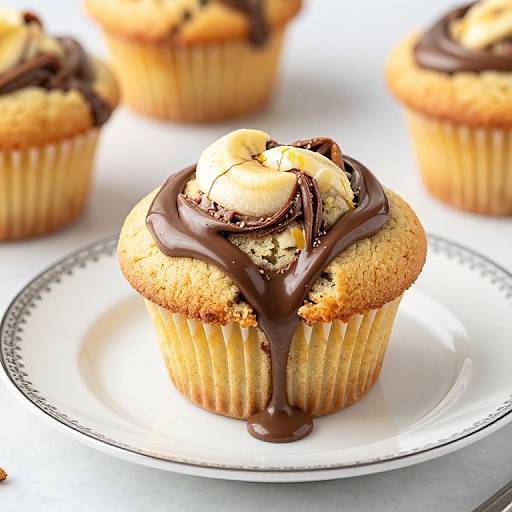Photograph of a chocolate-glazed banana muffin with creamy banana chunks on a white, patterned plate, surrounded by blurred muffins.