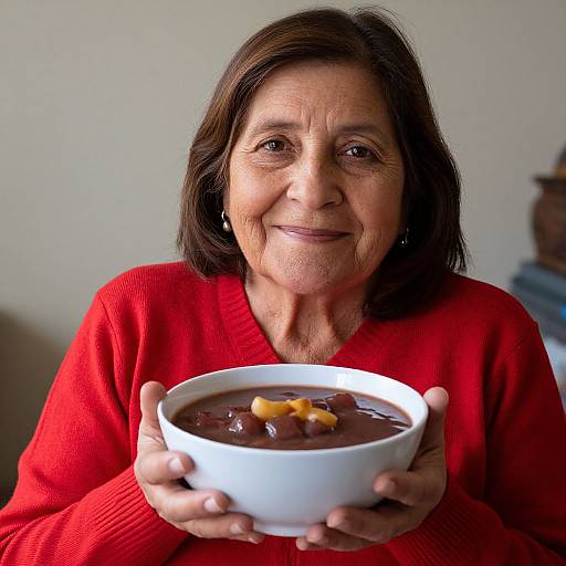 Photograph of an older woman with medium brown skin and shoulder-length dark brown hair, wearing a red sweater, smiling while holding a white bowl of chocolate