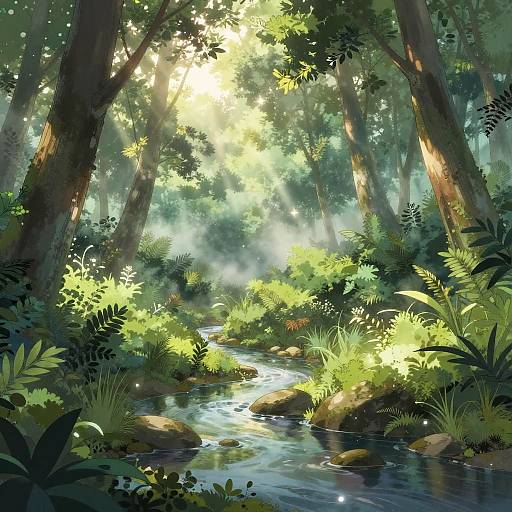 Serene Anime Forest Dawn Scene