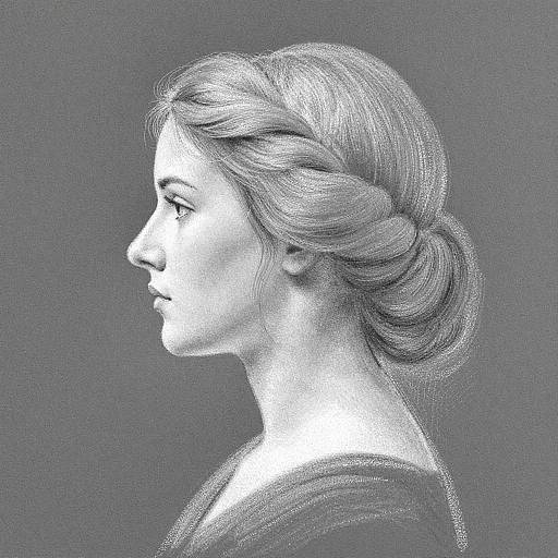 Monochromatic digital drawing of a woman in profile, showing detailed braided hair, soft facial features, and a neutral expression. Gray background.