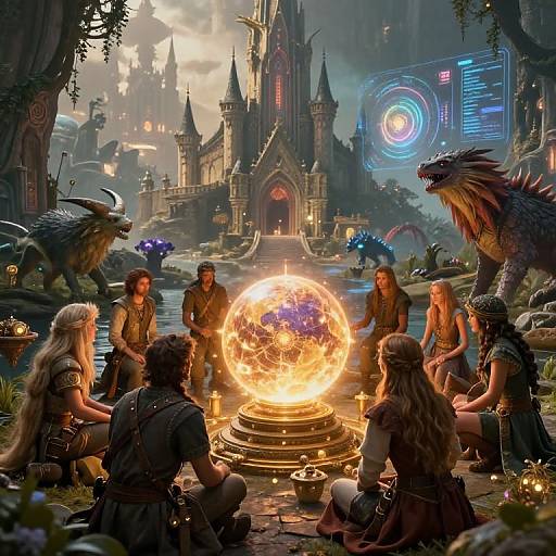 Fantasy scene: six medieval warriors and two long-haired women circle a glowing, fiery orb in a mystical, castle-laden forest, flanked by