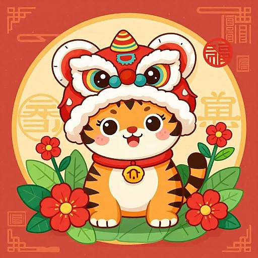 Cute digital illustration of a chibi tiger wearing a red and white Chinese New Year hat, surrounded by red flowers and green leaves, with a yellow