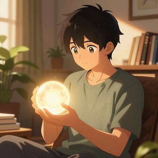 Anime-style digital drawing of a young boy with black hair, wearing a green shirt, holding a glowing orb in a sunlit, bookshelf-filled room