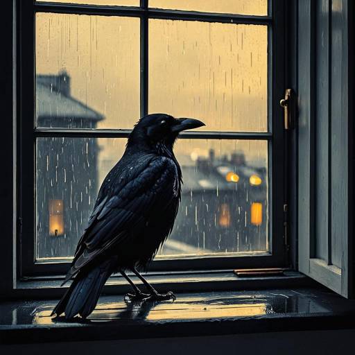Raven on Rainy Windowsill at Twilight