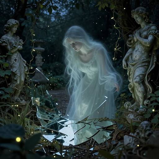 Photograph of a ghostly, translucent woman in a white dress, surrounded by broken glass, statues, and fairy lights in a dark, enchanted garden