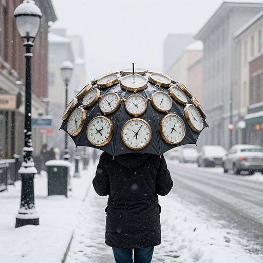 Photograph of a person in a black coat holding a large umbrella with clock faces, standing in a snowy urban street.