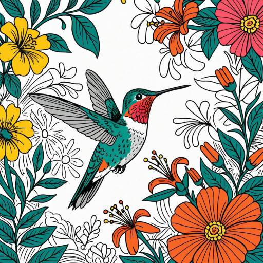 Detailed Hummingbird and Floral Illustration