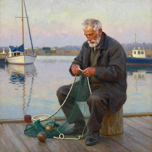 Grizzled elderly fisherman with white beard, dark coat, and gray pants sits on wooden stool, mending fishing net by calm harbor.