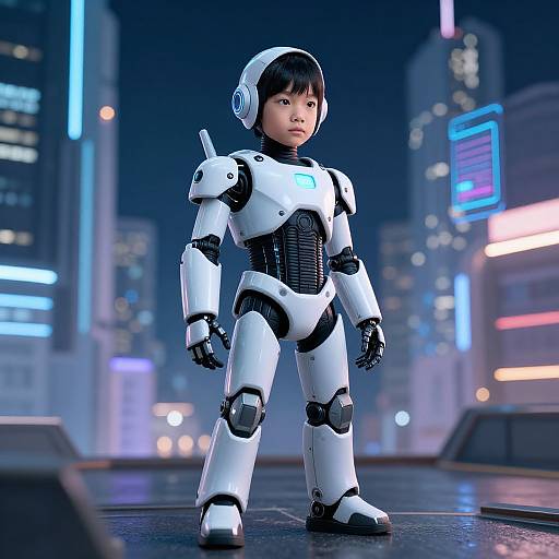 Boy in Robot Costume in Futuristic City