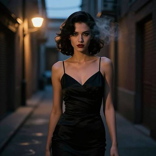 Photograph of a serious, dark-haired woman in a black, spaghetti-strap dress, standing in a dimly lit, narrow alley with smoke around