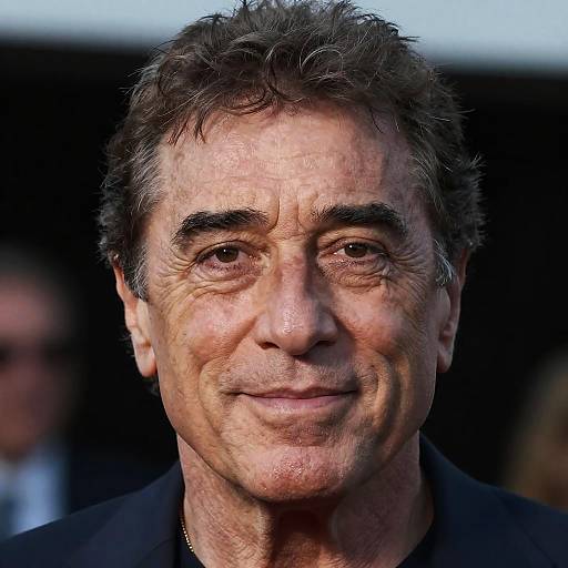 Photograph of a middle-aged man with curly brown hair, wrinkles, and a slight smile, wearing a black suit, against a blurred dark background.