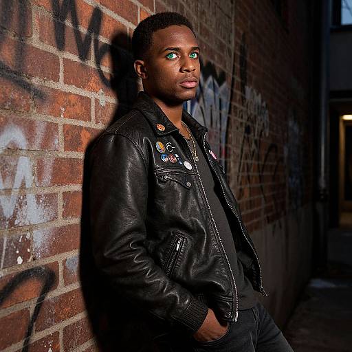 Photograph of a young Black man with green eyes, wearing a black leather jacket with patches, standing against a graffiti-covered brick wall in a dimly