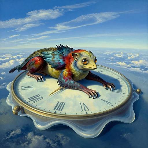 Digital artwork of a colorful, fantasy creature with vivid feathers and claws, resting on a floating, clock-faced platform above a cloudy sky.