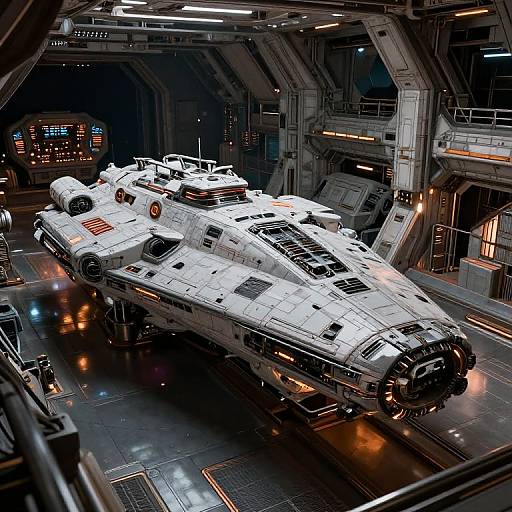 Photograph of a detailed, white sci-fi spaceship with black accents and red markings, parked in a dimly lit, futuristic industrial hangar with metallic