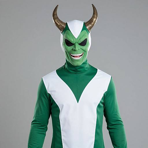 Photograph of a person in green and white costume with devil horns, green face paint, black eye makeup, and a wide grin, set against a